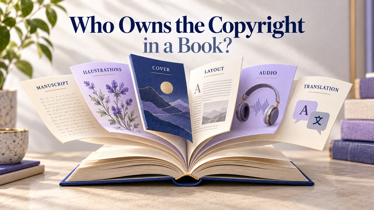 A book separated into layers for the manuscript, illustrations, cover, layout, audio, and translation rights.