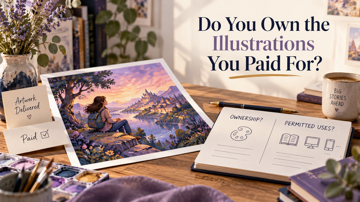 An author and illustrator reviewing rights for book art, character art, marketing, merchandise, and future books.