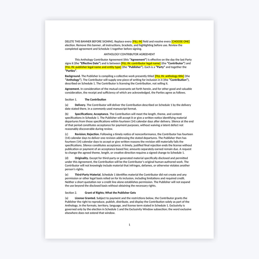 Anthology Contributor Agreement Kit — Author Edition