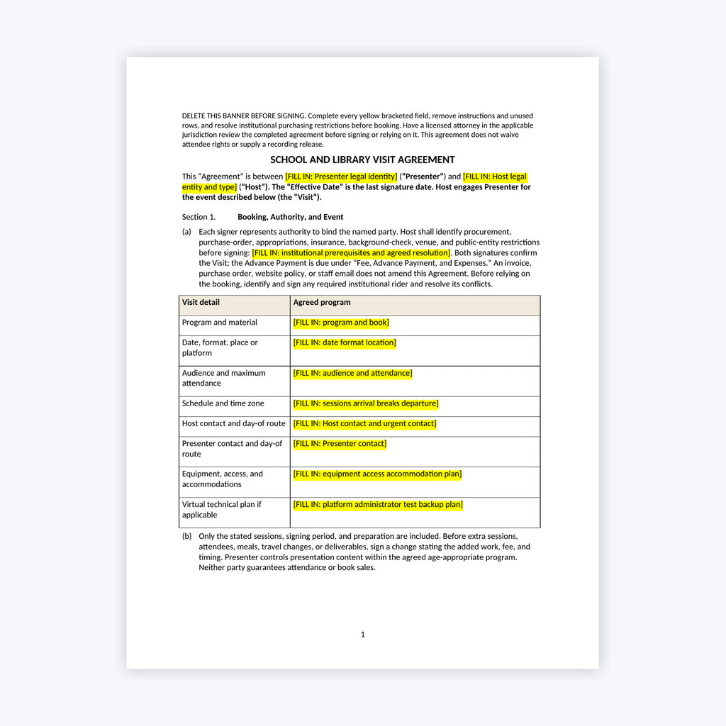 School & Library Visit Agreement Kit — Author Edition