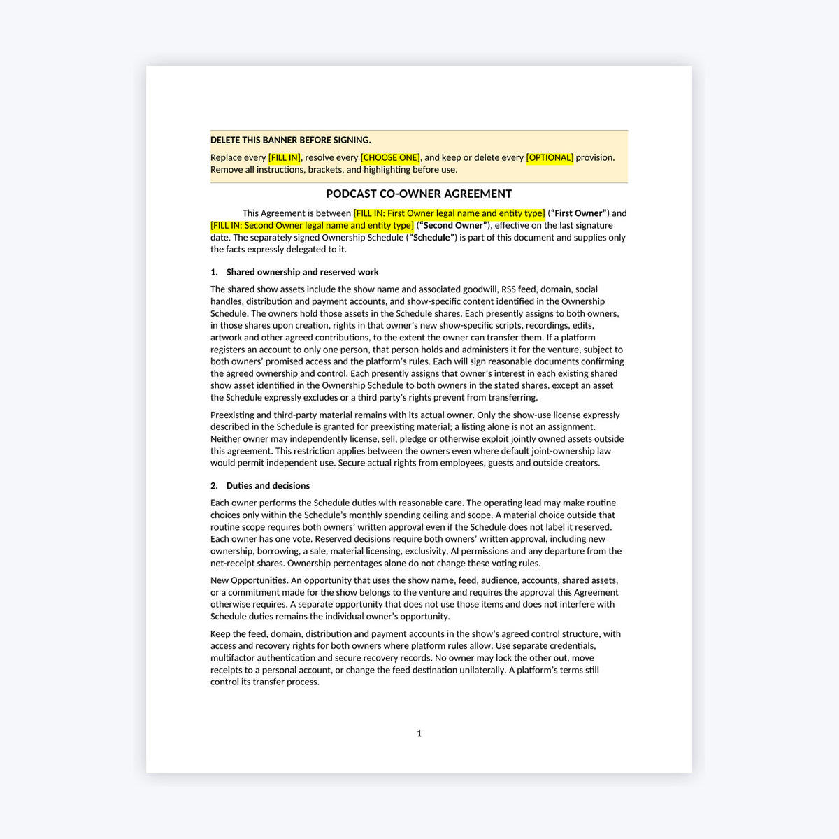 Podcast Co-Owner Agreement Kit