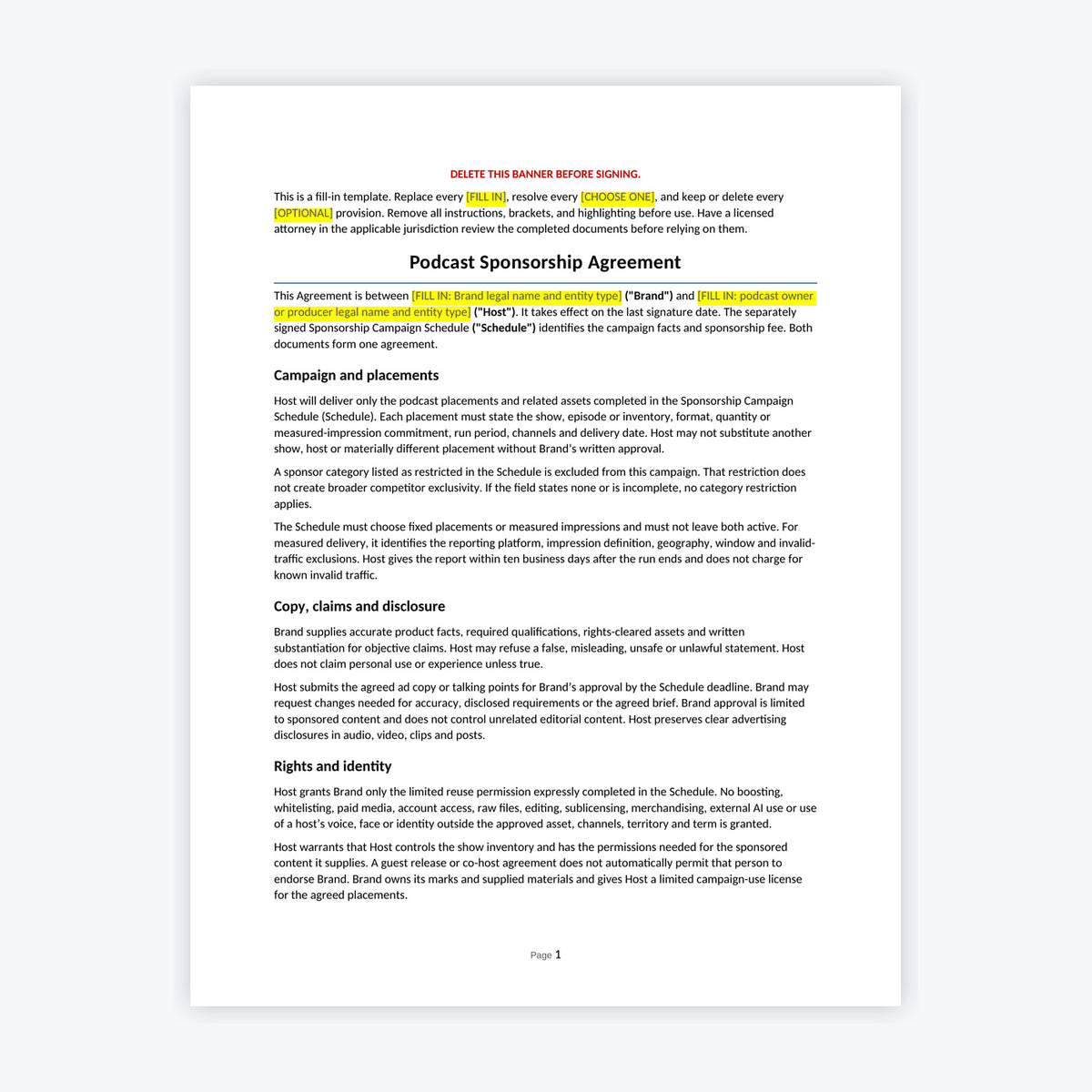 Podcast Sponsorship Agreement Kit — Brand Edition