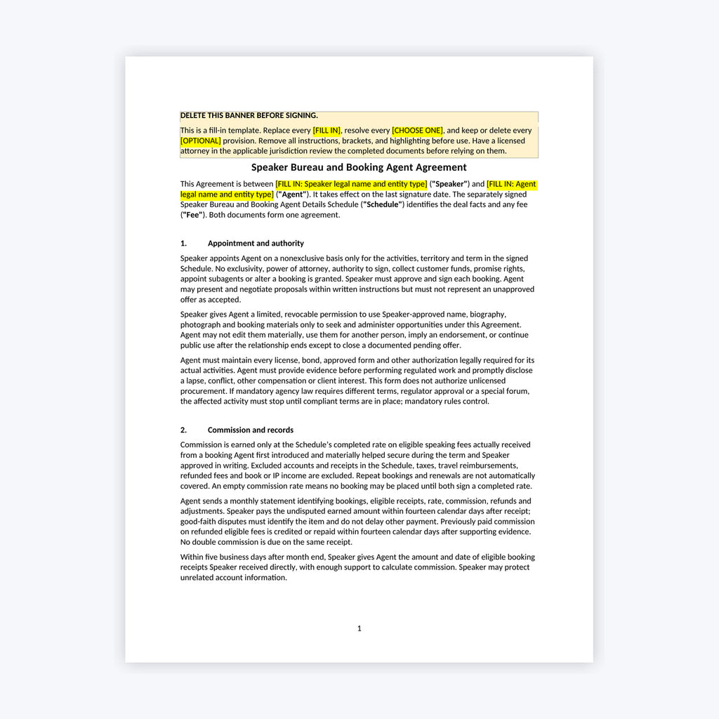 Speaker Bureau and Booking Agent Agreement Kit