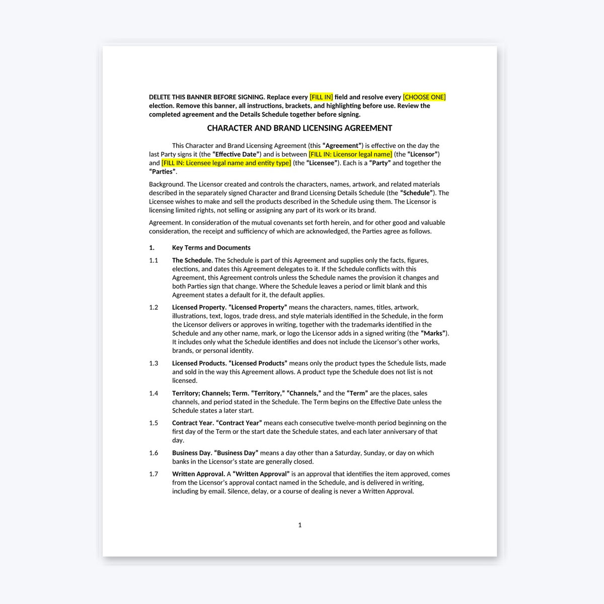 First page of the Character and Brand Licensing Agreement template with fill-in fields