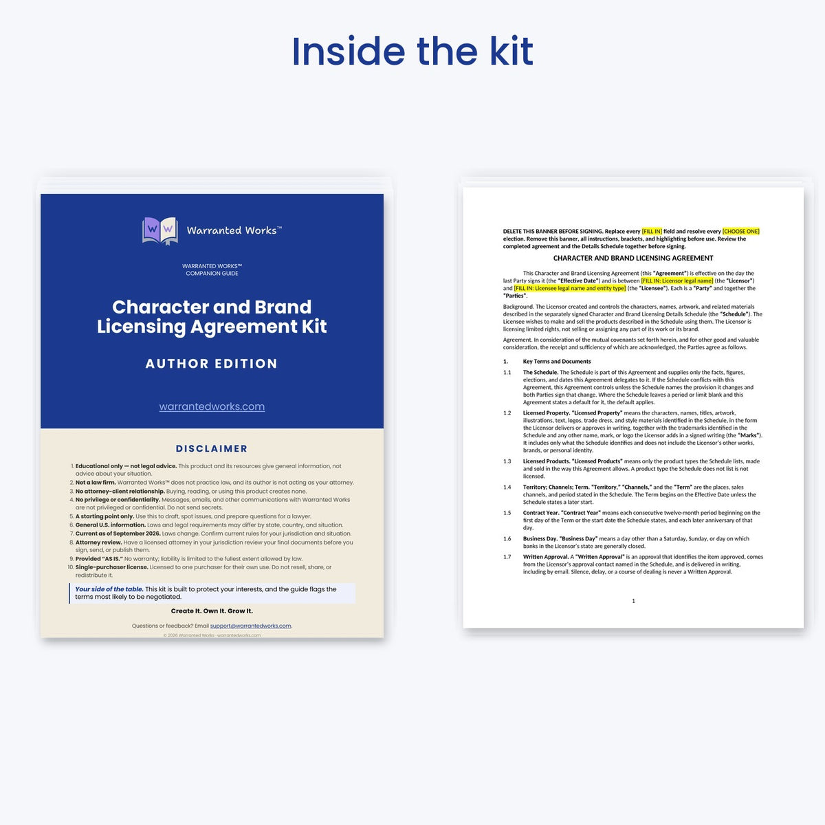 Companion Guide and agreement preview from the Character and Brand Licensing Agreement Kit — Author Edition