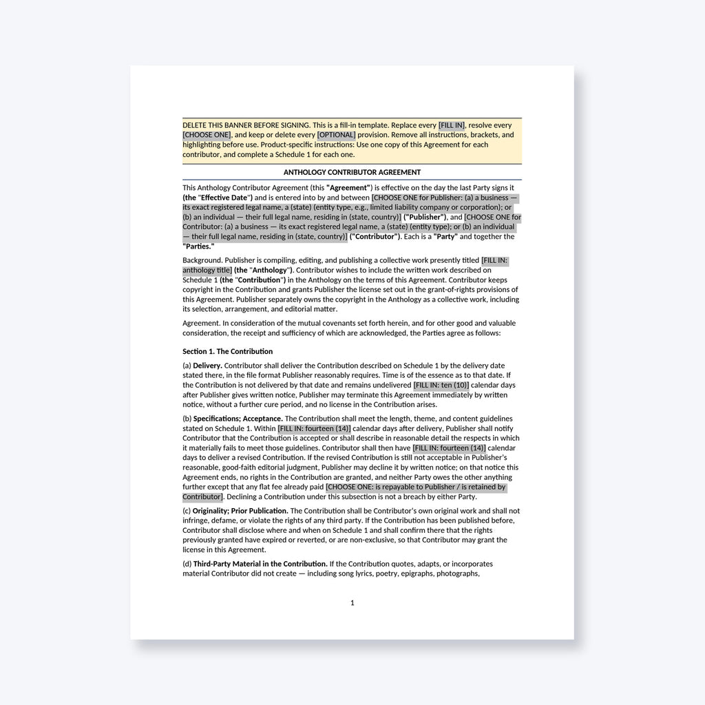 Anthology Contributor Agreement Kit - Publisher Edition — contract template page 1