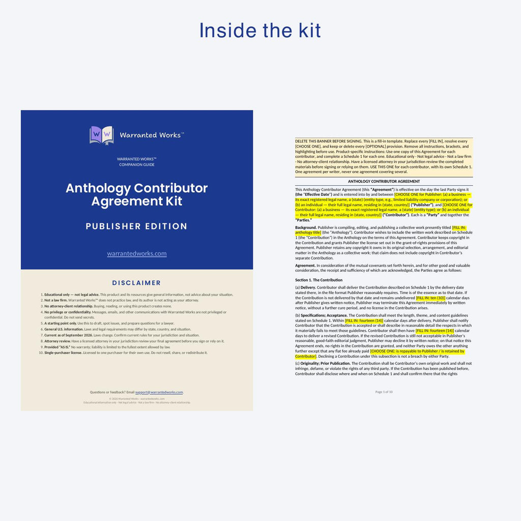Anthology Contributor Agreement Kit - Publisher Edition — what's inside the kit
