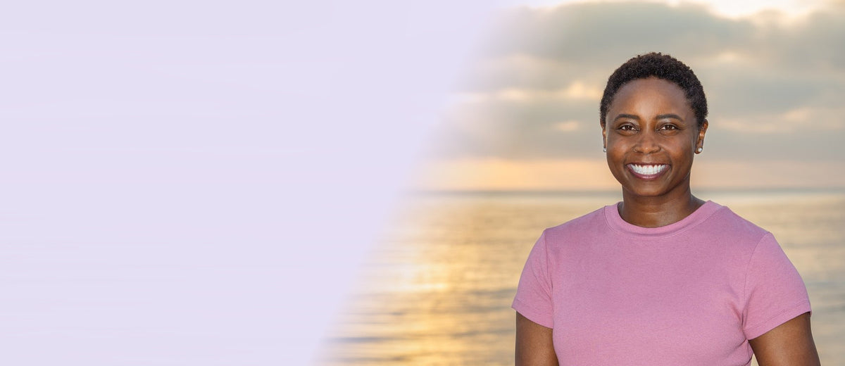 Smiling woman outdoors at sunset, beside the headline Protect your work